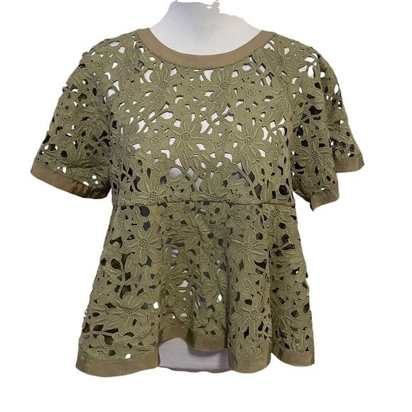 Lace Eyelet Peplum Top Olive Green Size Small - Picture 1 of 11